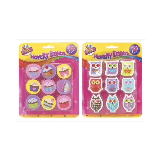 Pack of 9 Owl or Cupcake Novelty Erasers