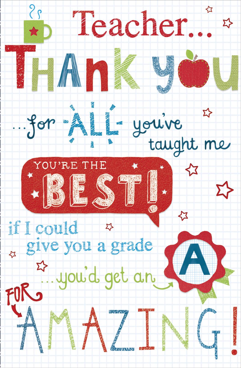 Thank You Teacher Greeting Card A Grade, You're The Best