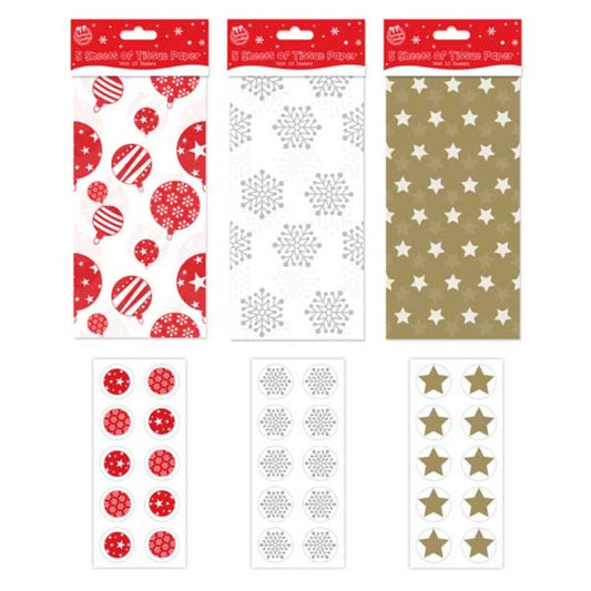 Christmas Design Printed Tissue Paper 5 Sheets and 10 Stickers