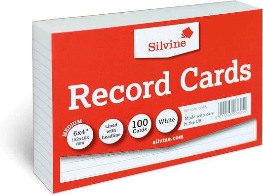 Pack of 100 Silvine record cards Feint Ruled White 6"X4"