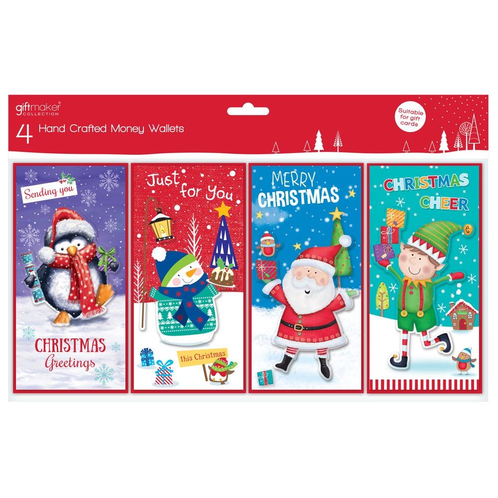 Pack of 4 Hand Crafted Christmas Money Wallets - Cute Designs